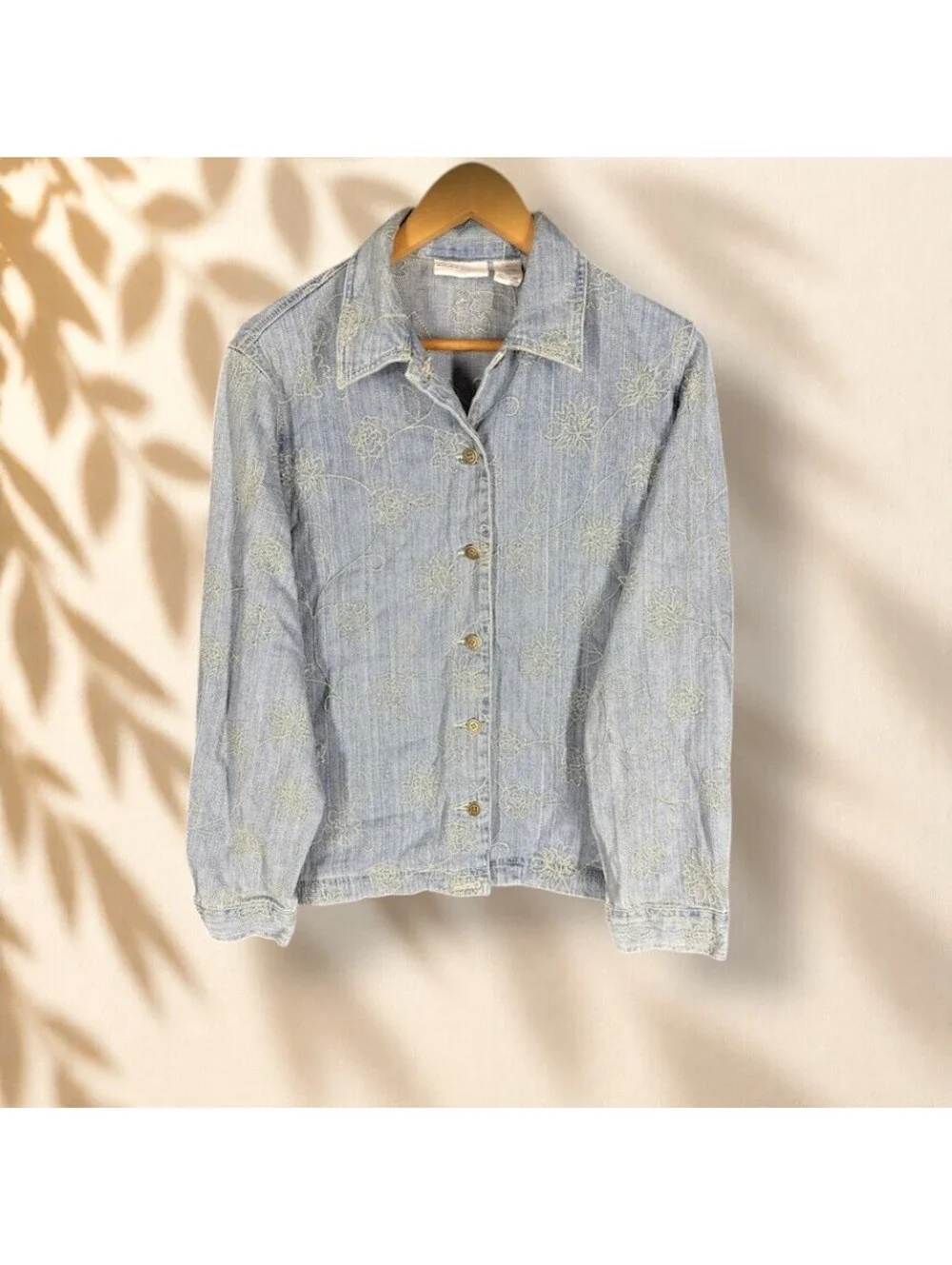 Alfred Dunner Jacket Women 14 Blue Floral Embroidered Denim Light Wash Button
